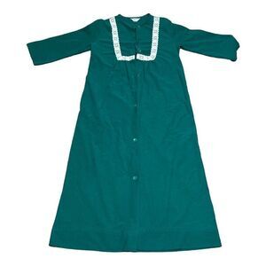 Reigning Beauty Green Long Granny Gown Robe Lace Trim Collar Moomoo Housecoat SE